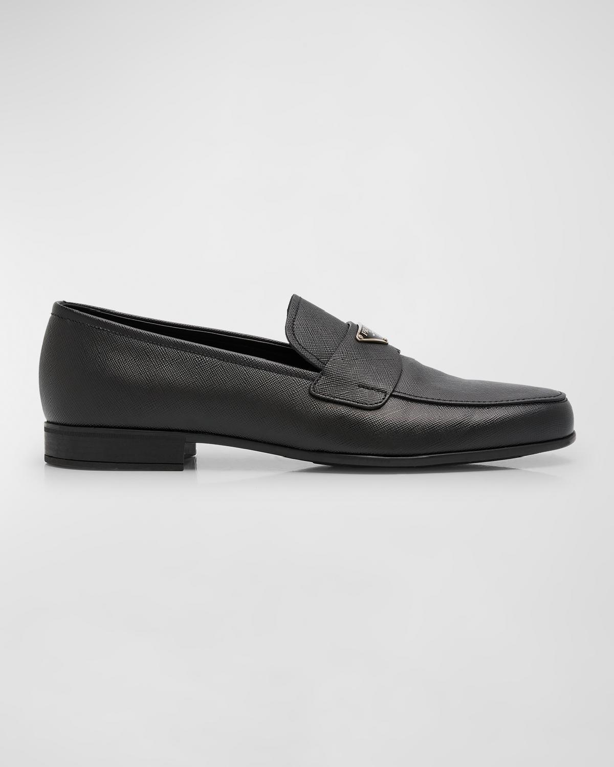 Prada Black Textured Leather Slip-On Loafers with Triangle Metal Logo Prada Black Suede Loafers With Metallic Triangle Emblem By  main image 3