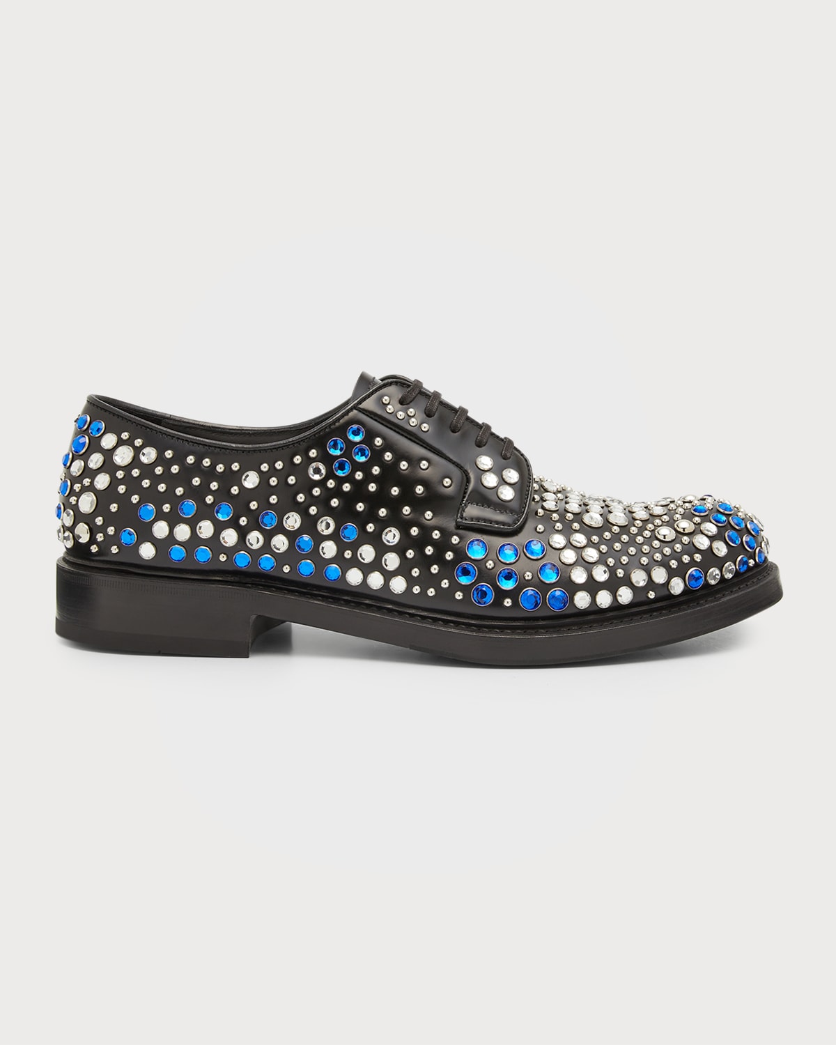 PRADA MEN'S LEATHER DERBY SHOES WITH STUDS AND RHINESTONES