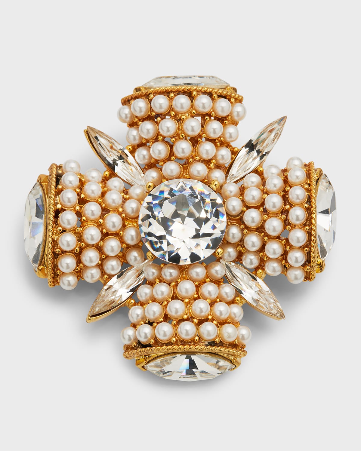 Gold Crystal Pearl Cross Pin