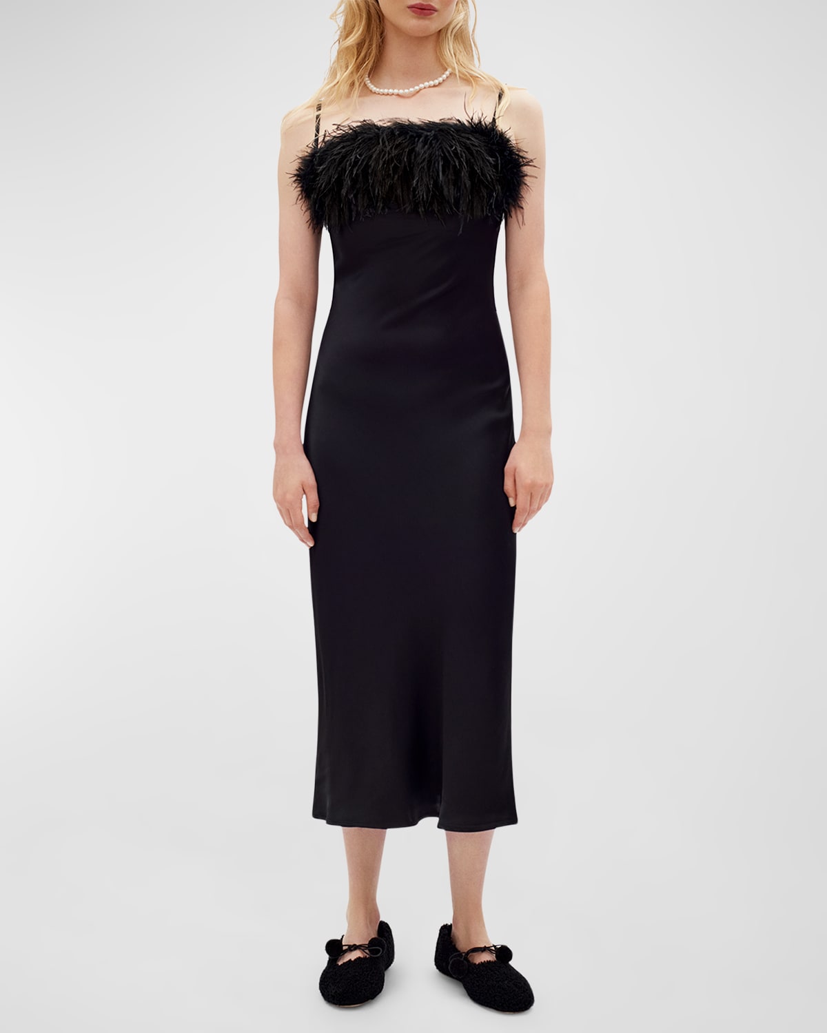 Shop Sleeper Boheme Feather-trim Slip Dress In Black