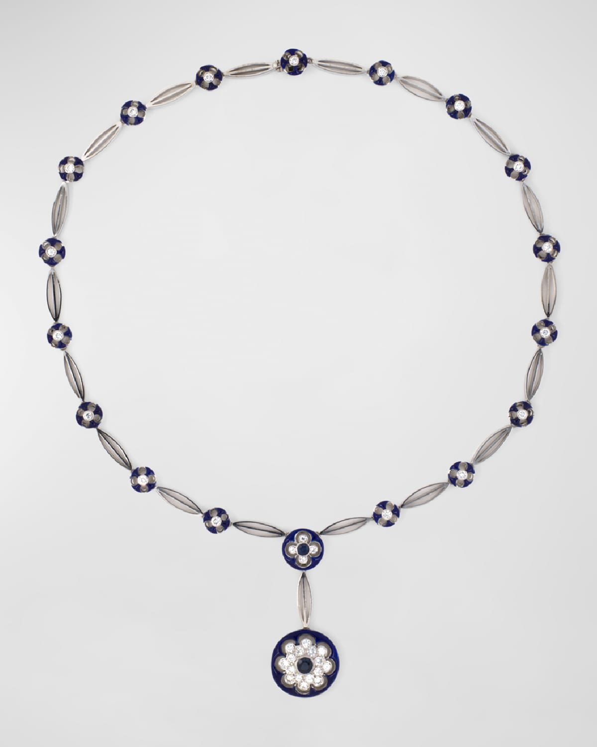 Estate Platinum and Blue Enamel Y Necklace with Sapphires and Diamonds, 16.5"L