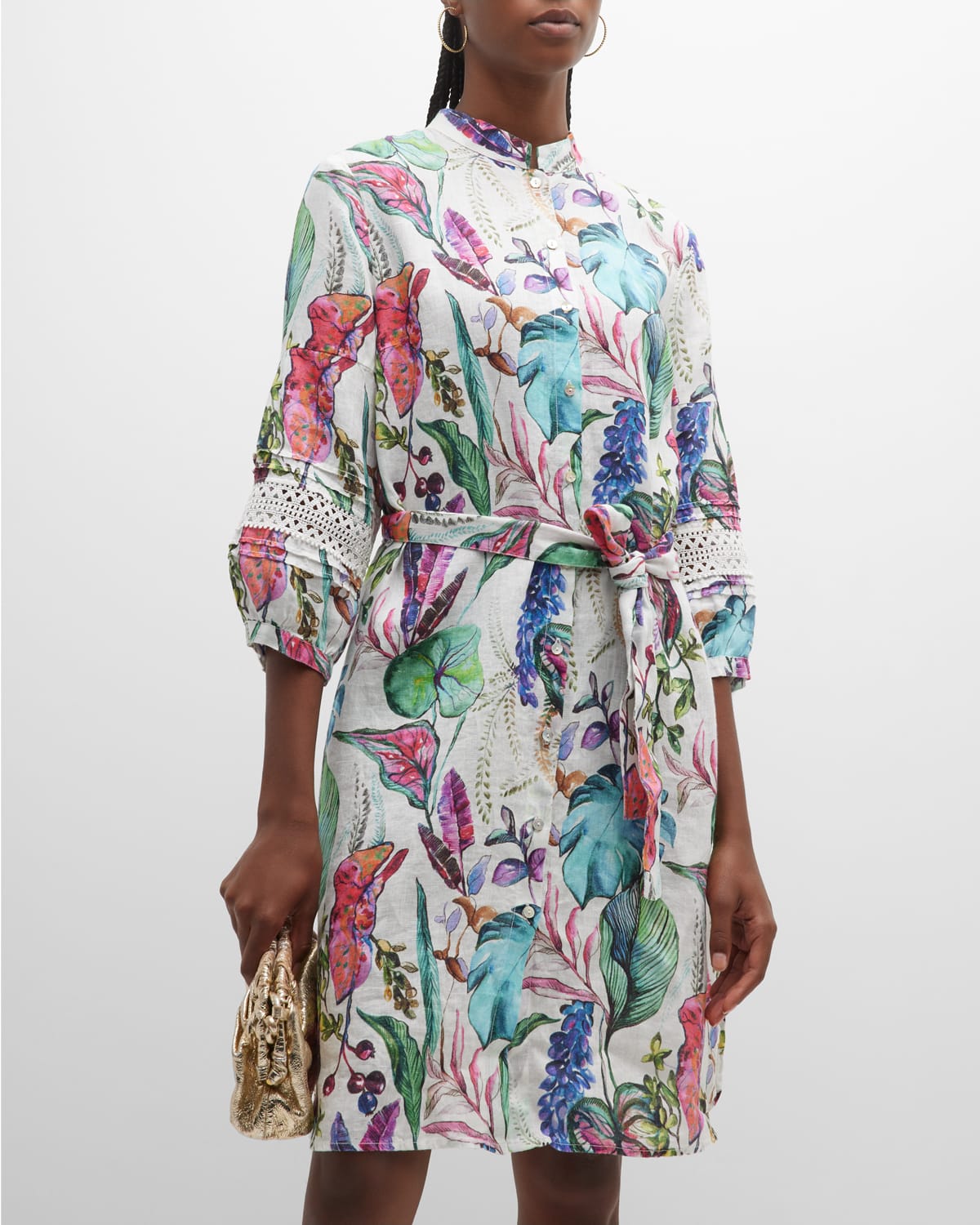 Embroidered Botanical-Print Linen Dress