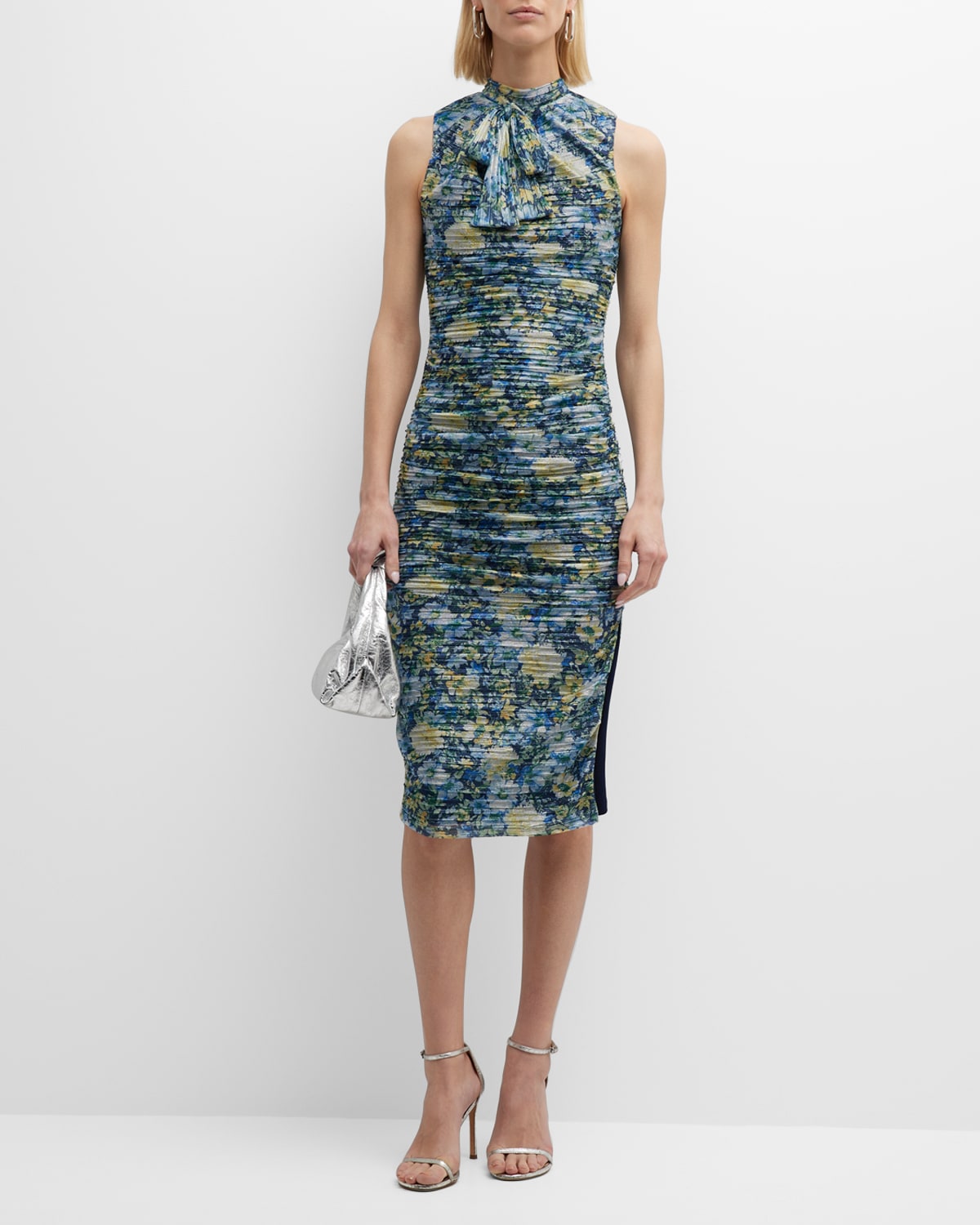 Shaw Ruched Mock-Neck Floral-Print Midi Dress