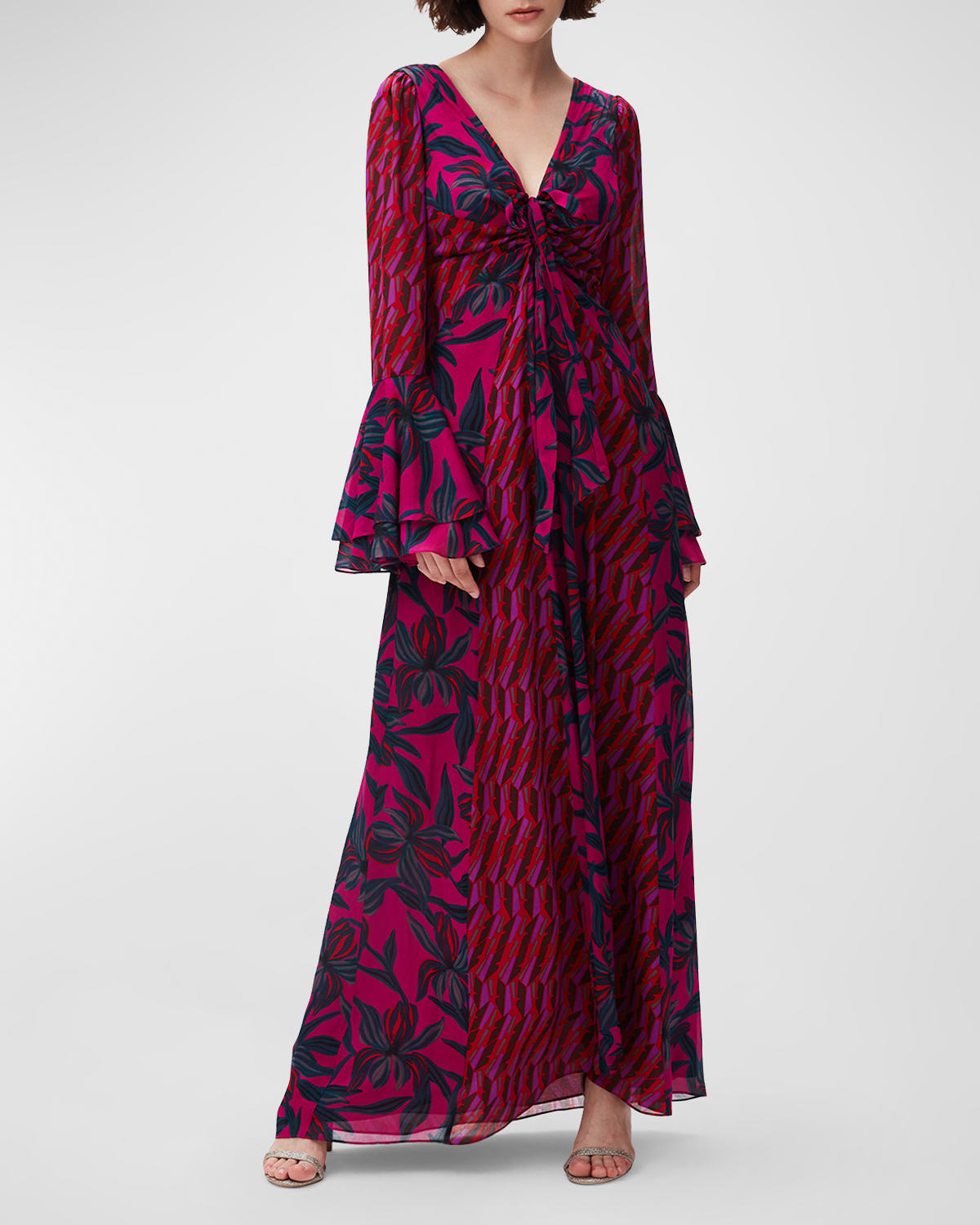 Selena Botanical-Print Bell-Sleeve Maxi Dress