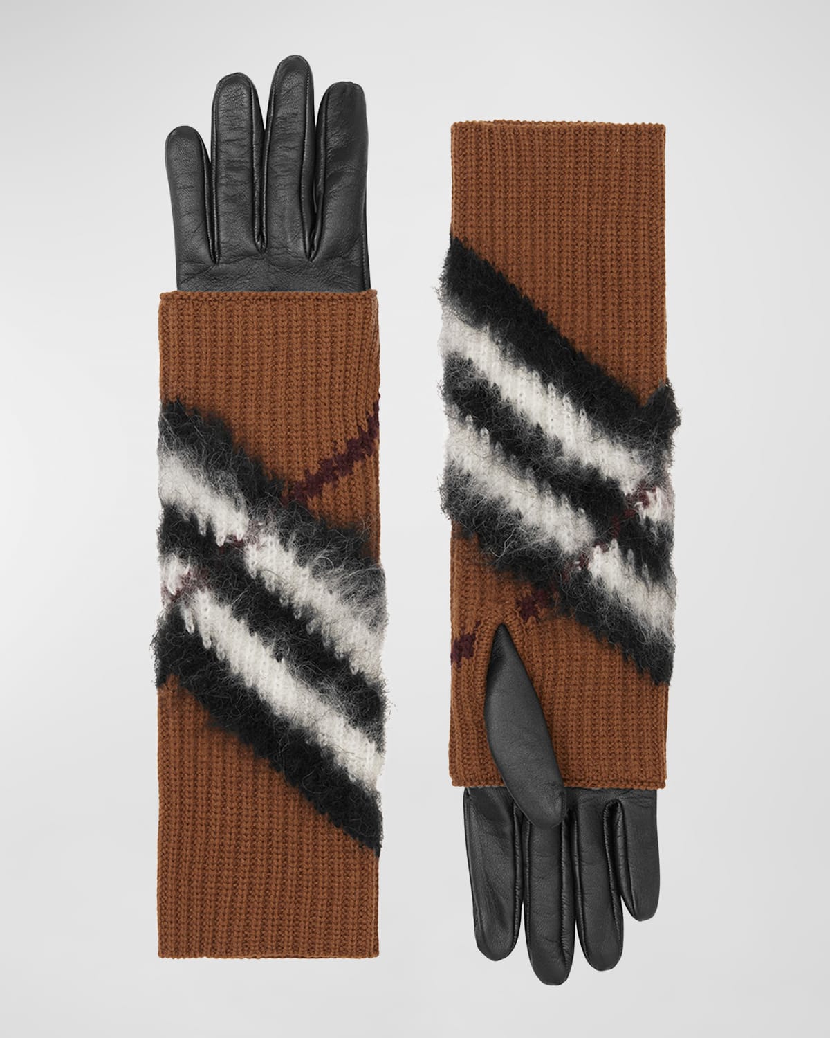 BURBERRY CHEVRON KNIT CASHMERE-BLEND & LEATHER GLOVES