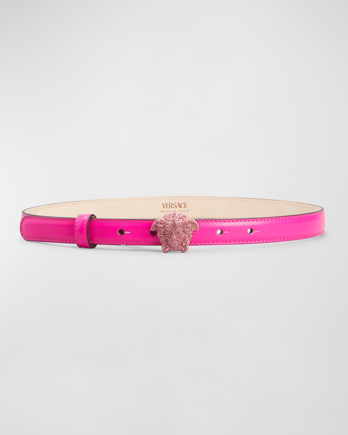 Versace Crystal Embellished Medusa Leather Skinny Belt In Pink  Gold