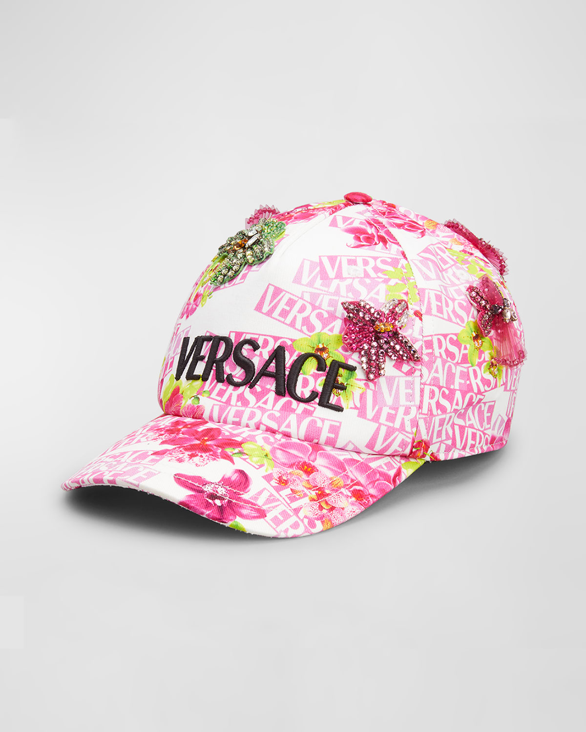 Versace Floral-print Embroidered-logo Baseball Cap In White Pink