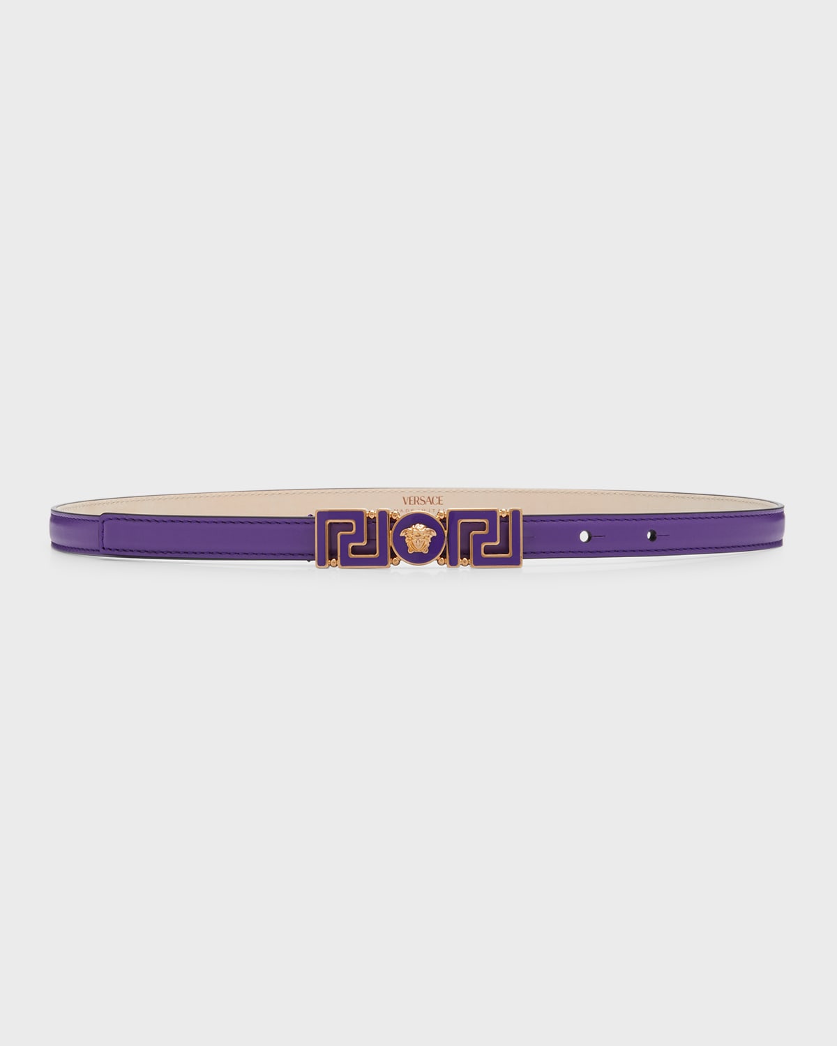 Versace Greca Medusa Buckle Skinny Leather Belt In Dark Orchid Versa