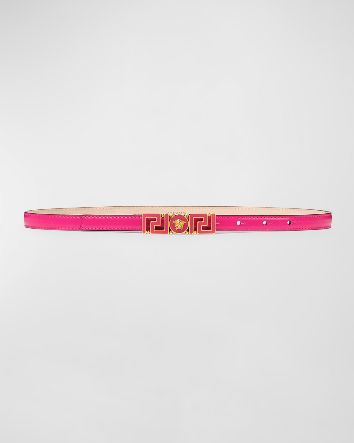 Shop Versace Greca Medusa Buckle Skinny Leather Belt In Pink  Gold
