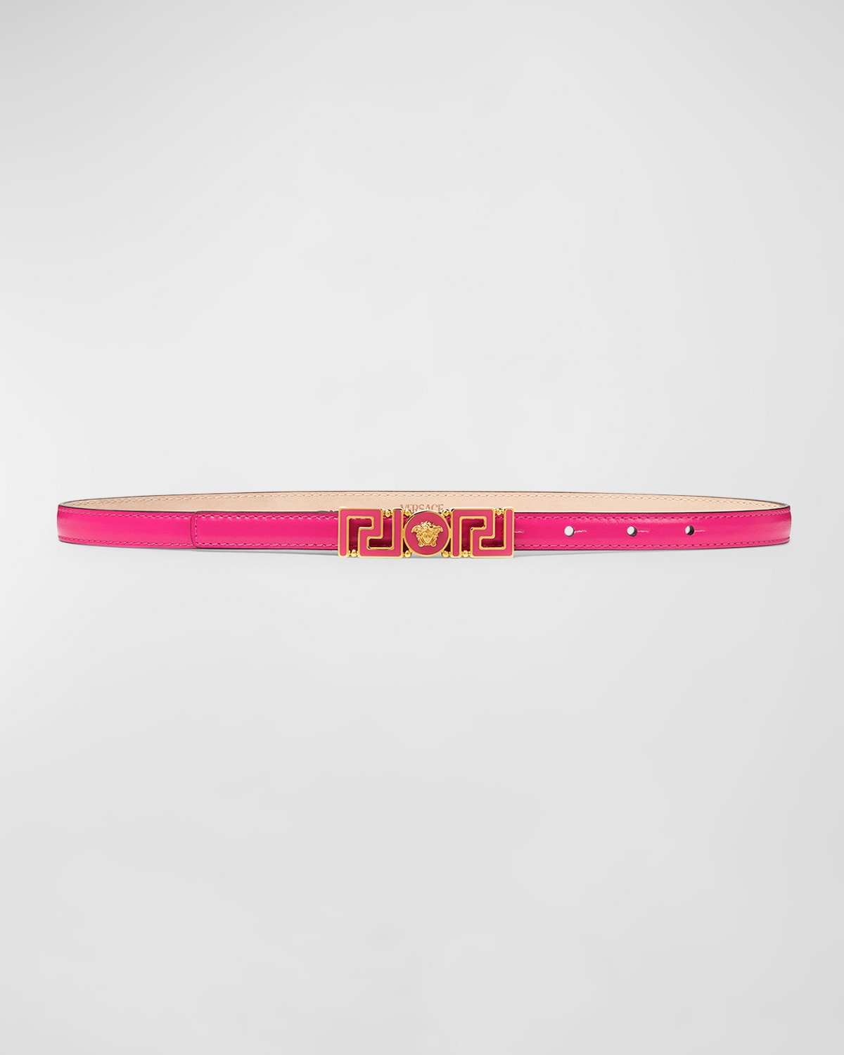 Versace Greca Medusa Buckle Skinny Leather Belt In Pink  Gold