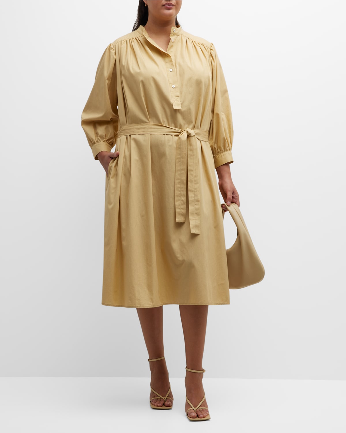 Whitney Morgan Plus Size Ruched Puff-sleeve Poplin Dress In Light Mustard