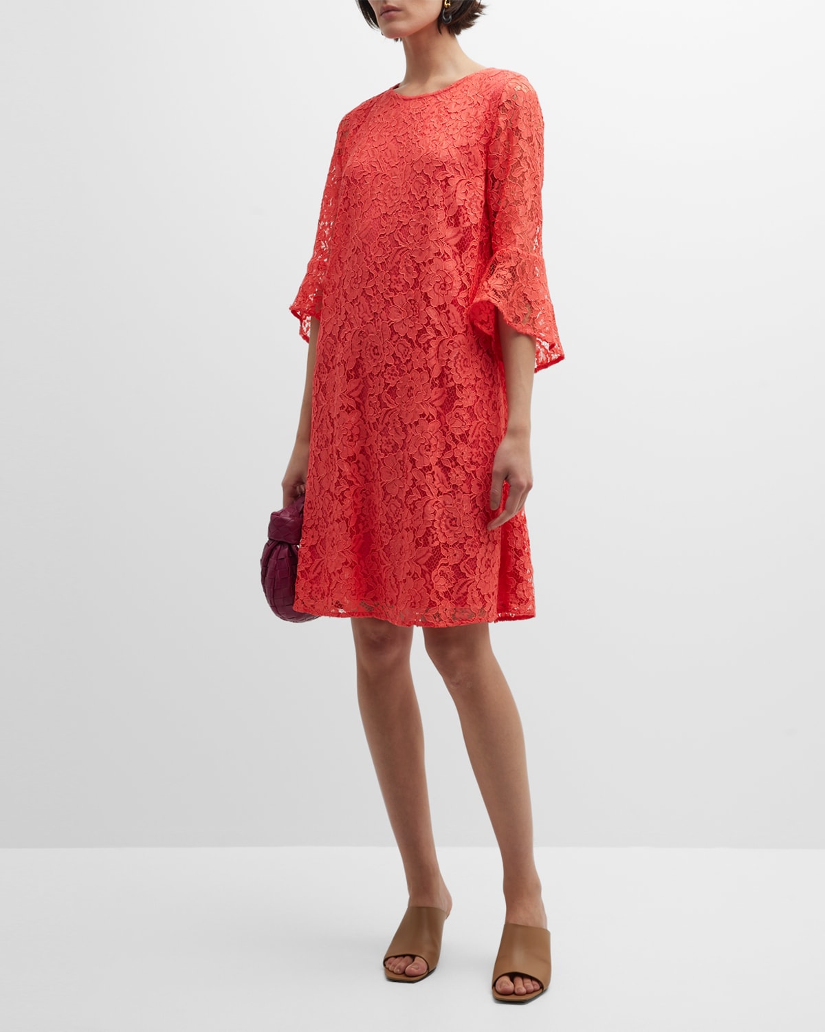 Caroline Rose Julia Bell-sleeve Floral Lace Dress In Coral