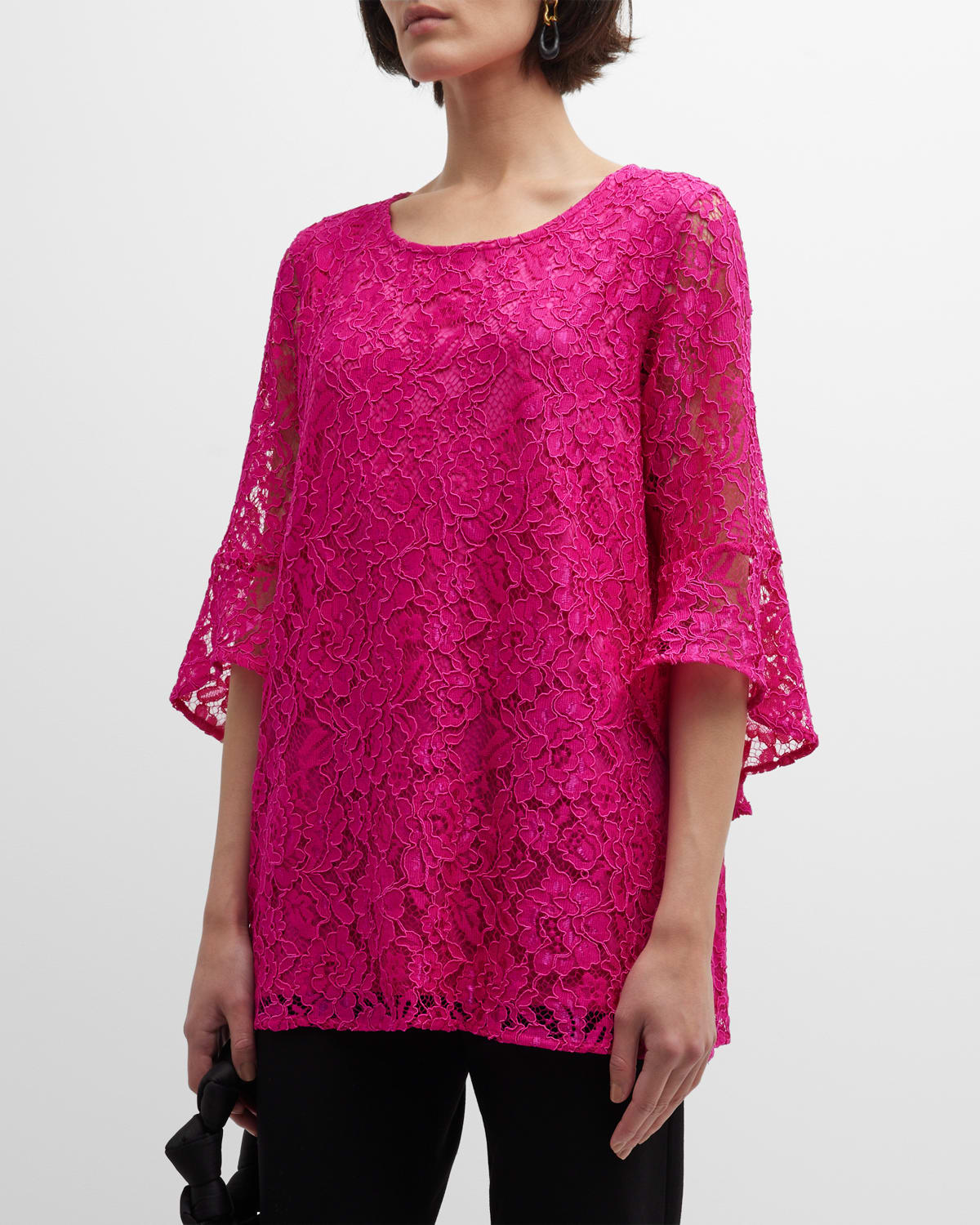 Caroline Rose Julia Bell-sleeve Floral Lace Tunic In Bright Pink