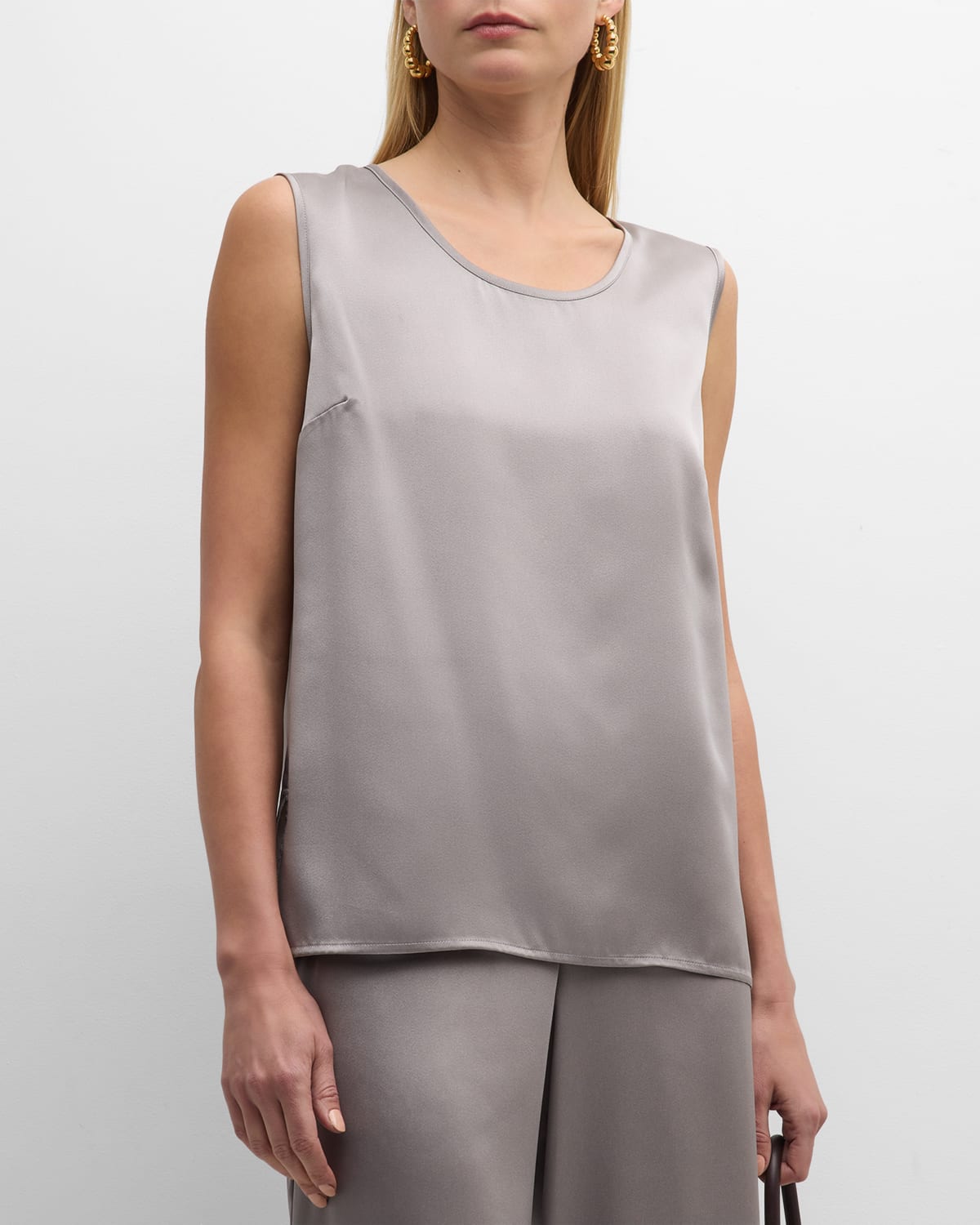 Caroline Rose Side-slit Satin Tank In Pearl Grey