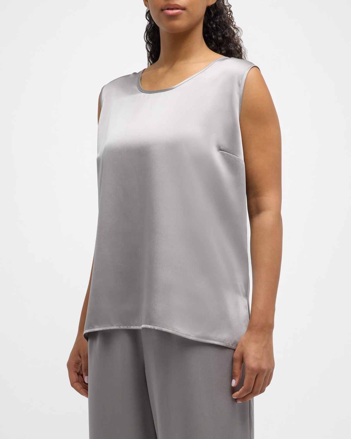 Caroline Rose Plus Plus Size Side-slit Satin Tank In Pearl Grey