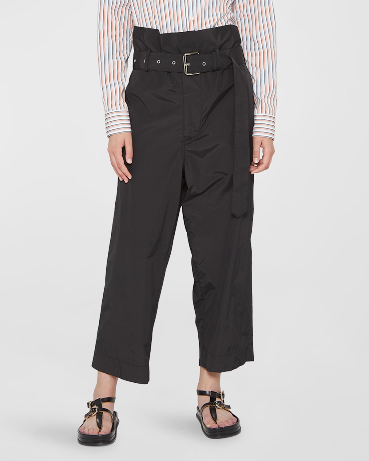 Belted PaperBag-Waist Straight-Leg Ankle Trousers