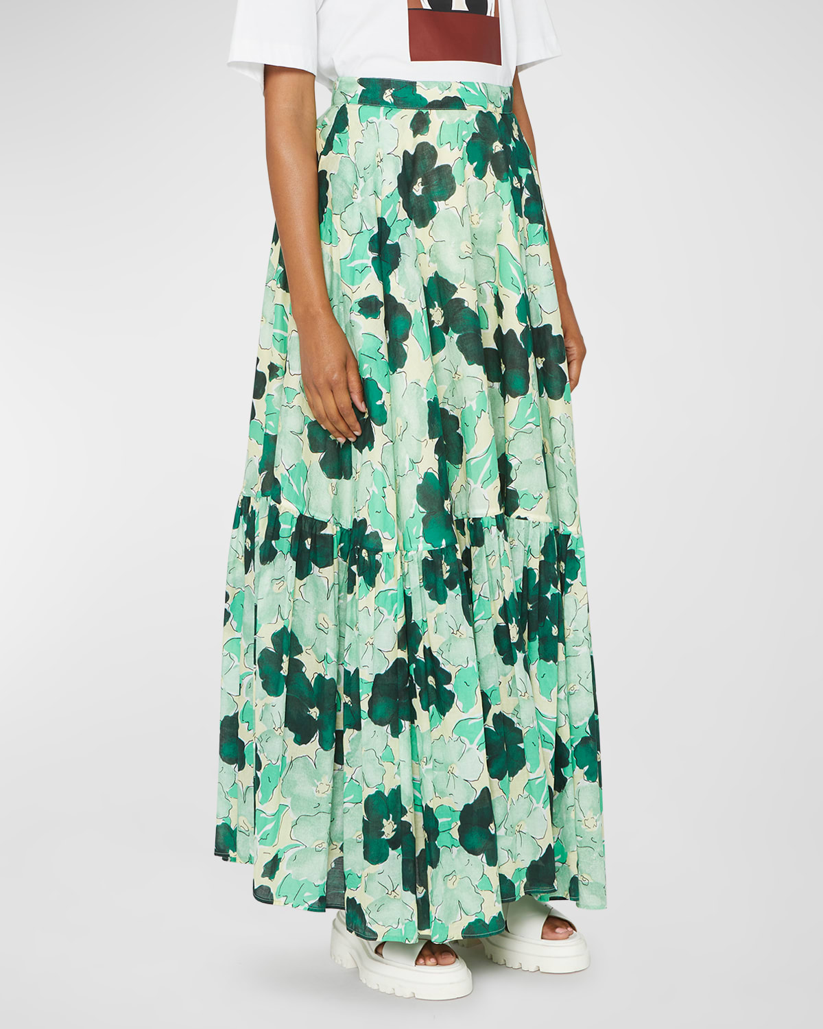 Floral-Print Flounce-Hem Maxi Skirt