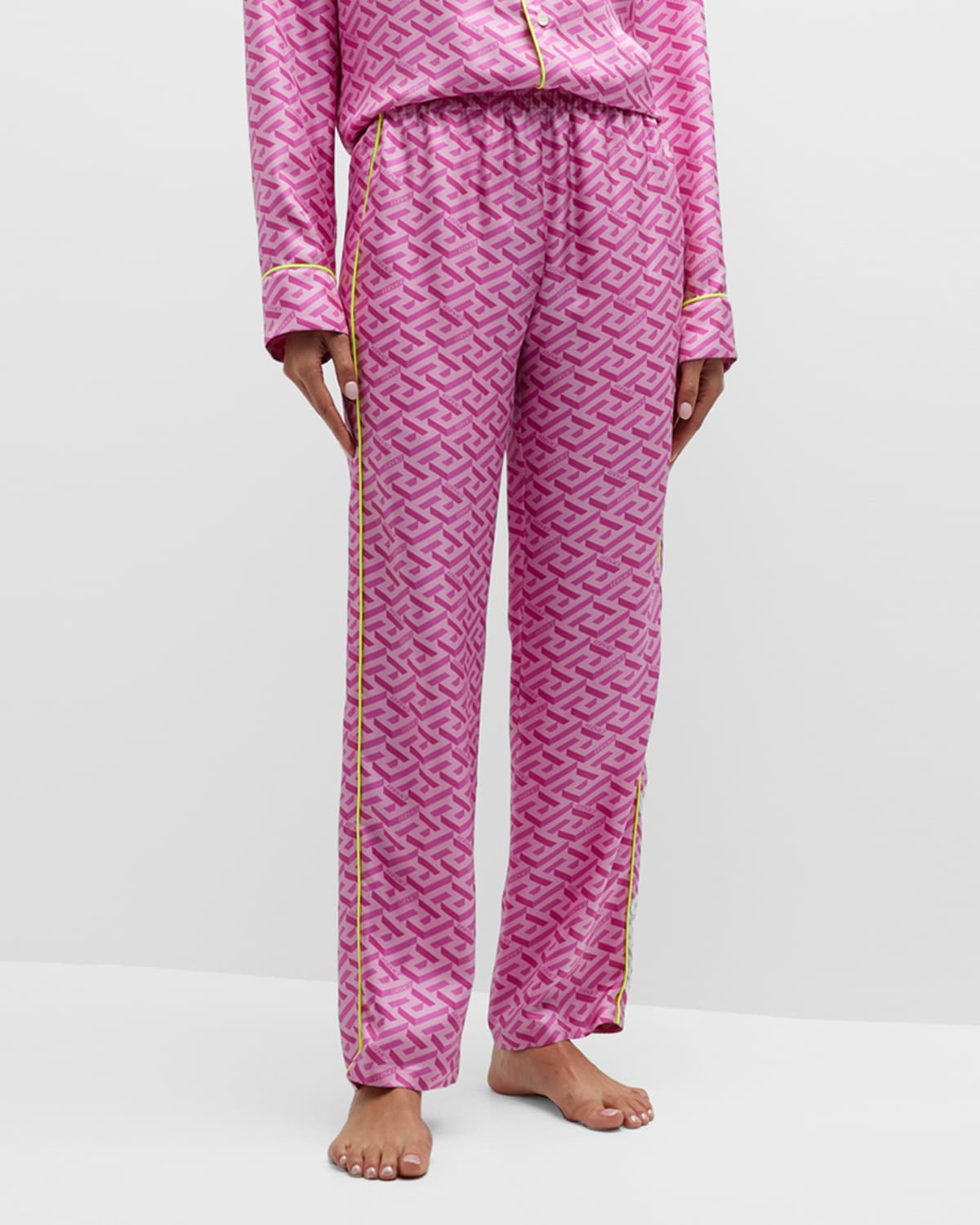 VERSACE HIGH-RISE GRECA-PRINT SILK PAJAMA PANTS