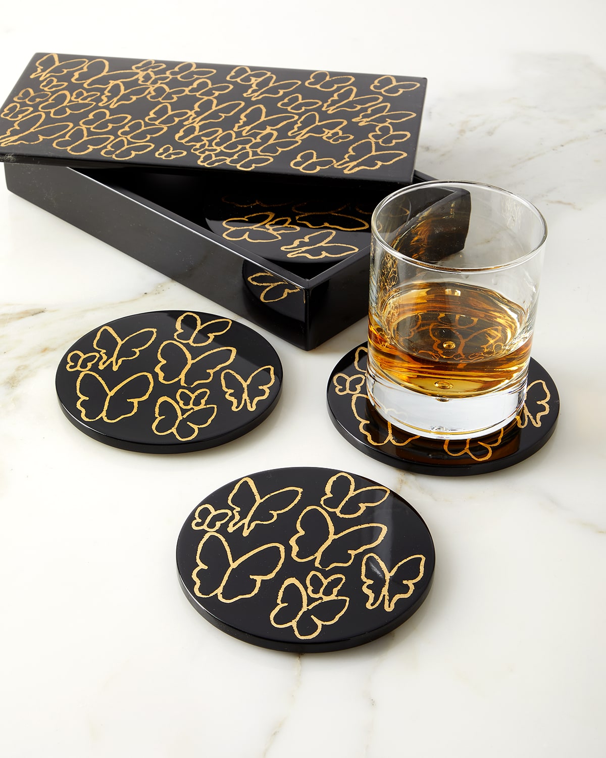 Butterflies Gold Leaf & Lacquer Coaster Box, Set of 6