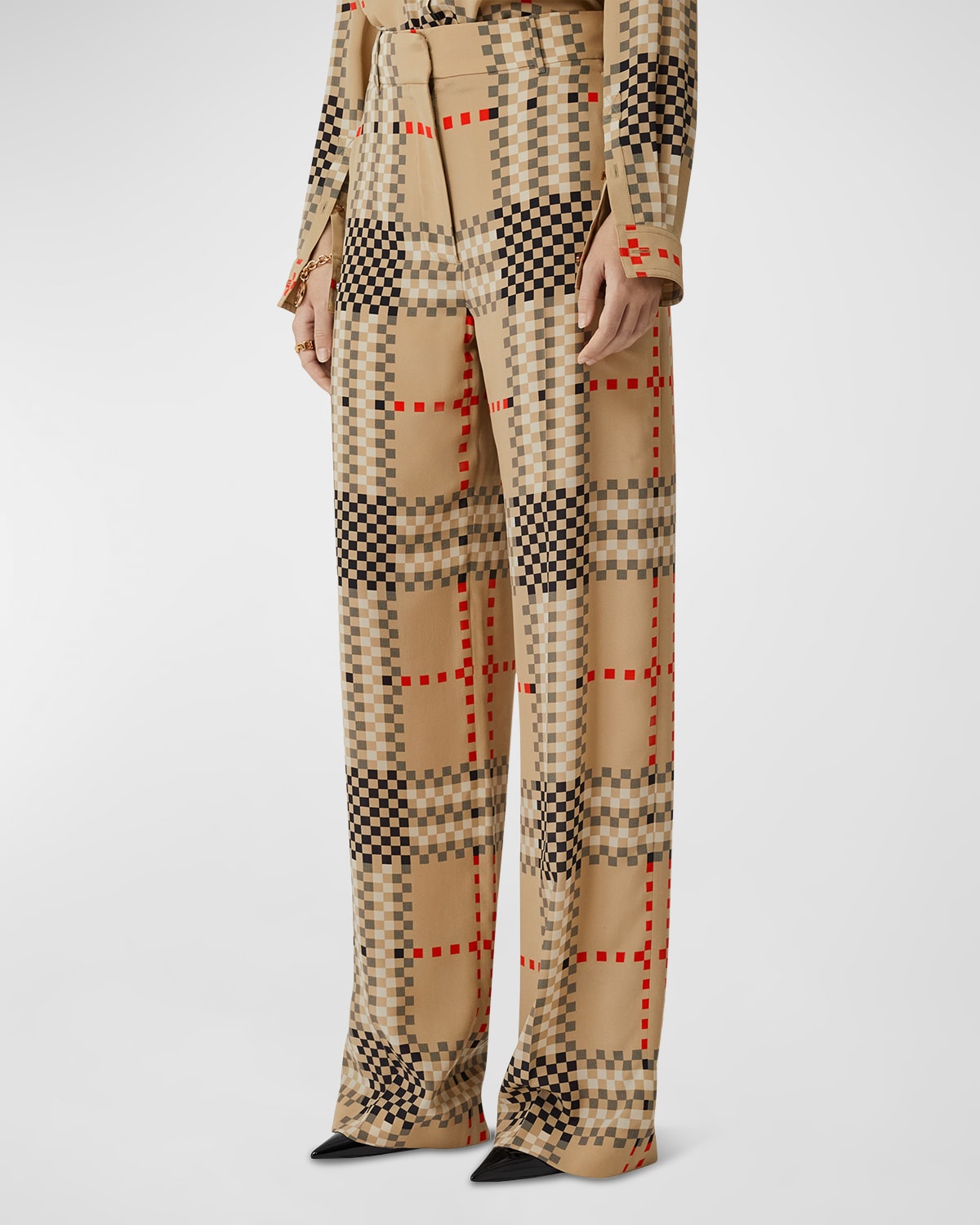 Burberry Jane Check-print Wide-leg Crepe Trousers In Archive Beige Ip