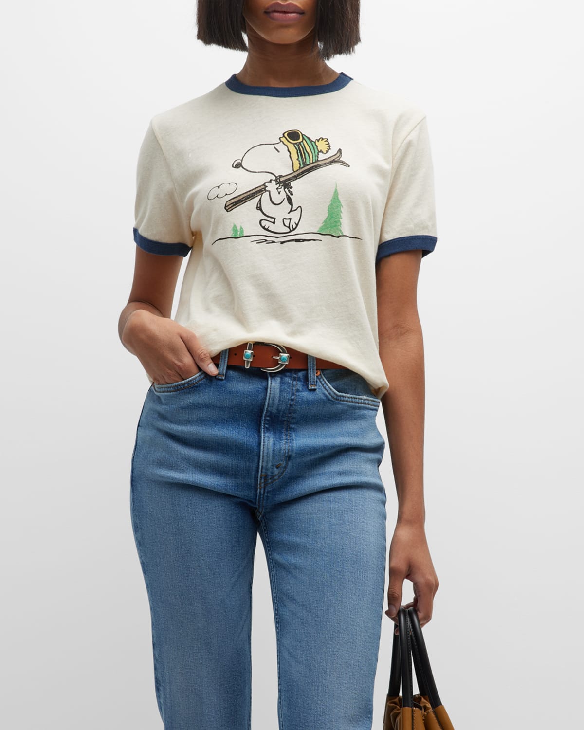 Re/done Skiing Snoopy Ringer Tee In Vintage Ivory Wit