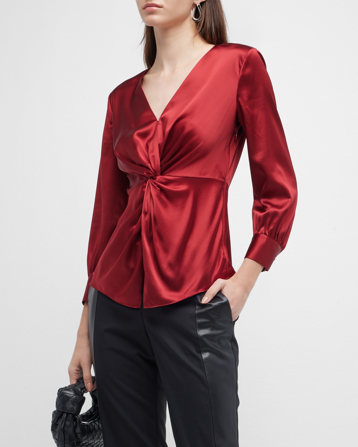 THEORY LONG-SLEEVE TWISTED-FRONT SATIN BLOUSE