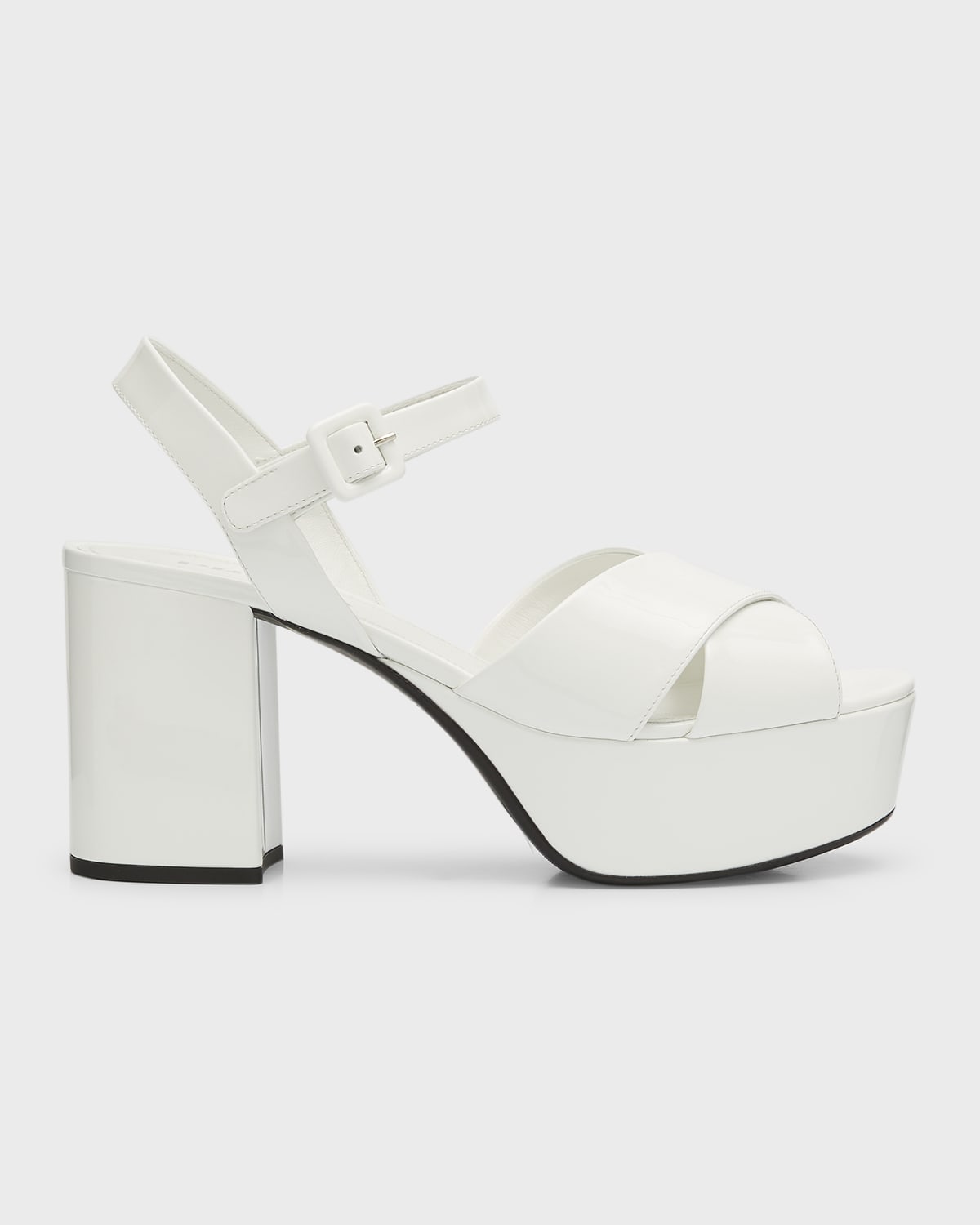 Prada Vernice Patent Leather Crisscross Platform Sandals In Bianco