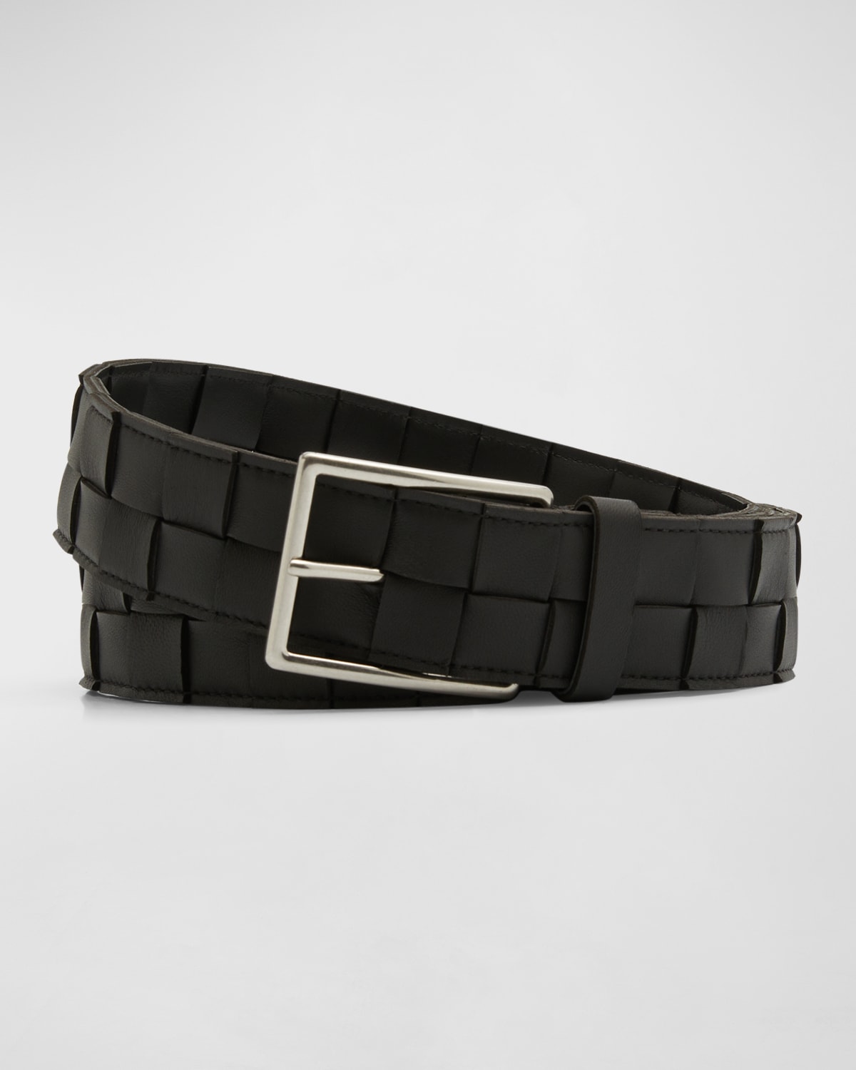 Bottega Veneta Men's Cassette Intreccio Leather Belt In Titanium