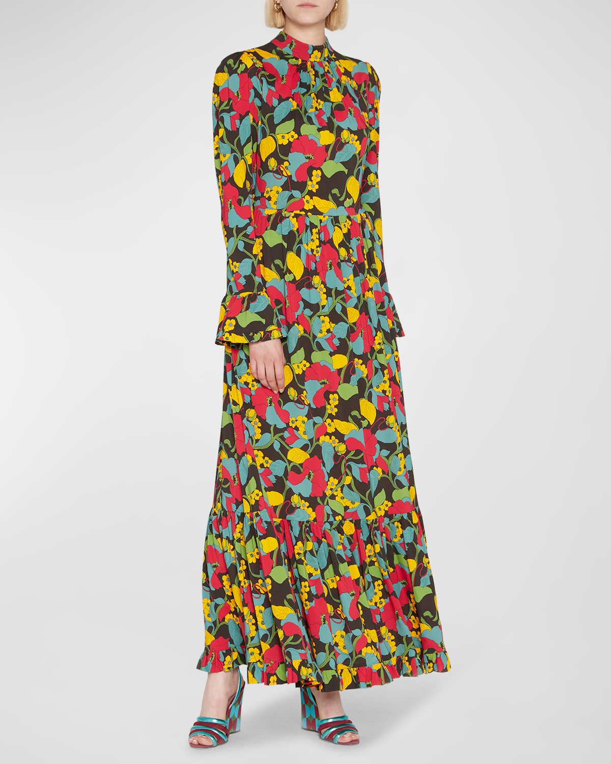 Shop La Doublej Visconti Floral-print Puff-sleeve Tiered Maxi Dress In Vines