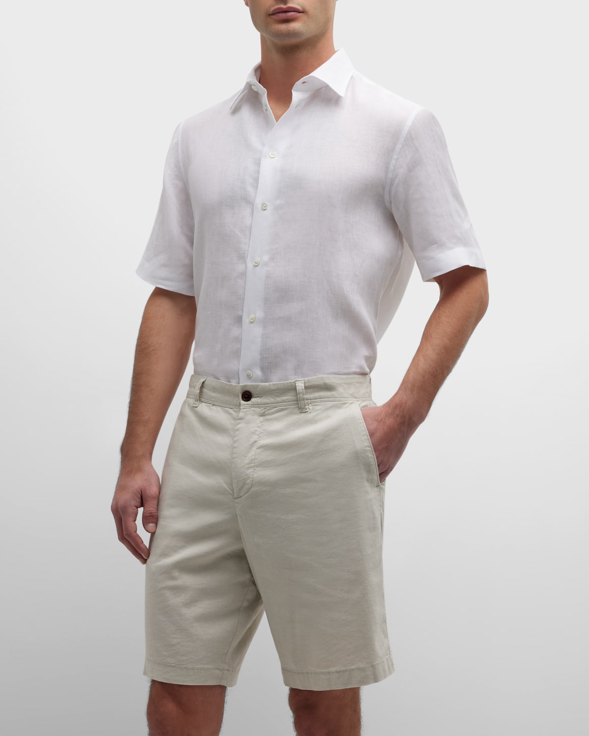 Emporio Armani Men's Linen Short-sleeve Sport Shirt In White