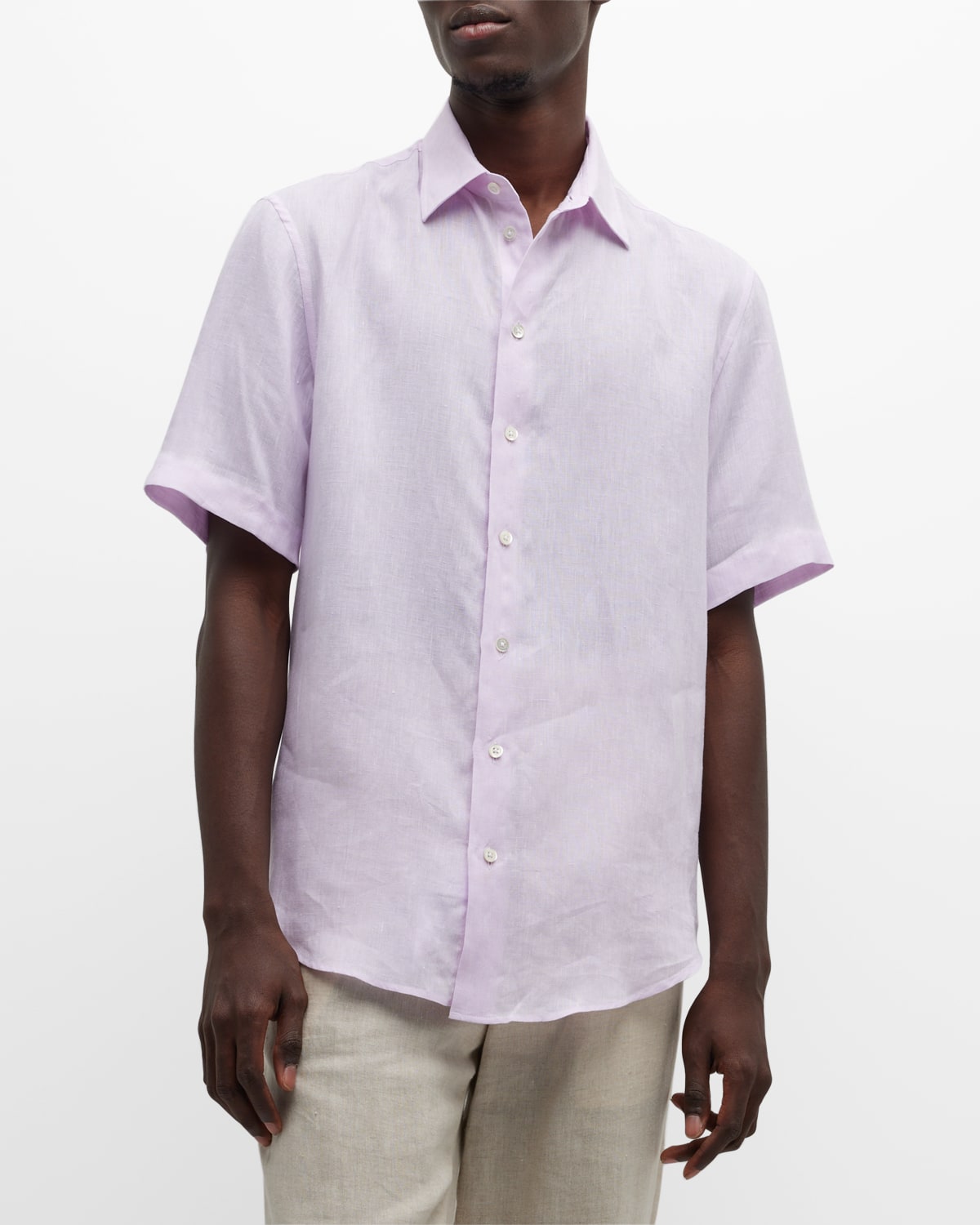 Emporio Armani Men's Short Sleeve Linen Sport Shirt In Pink