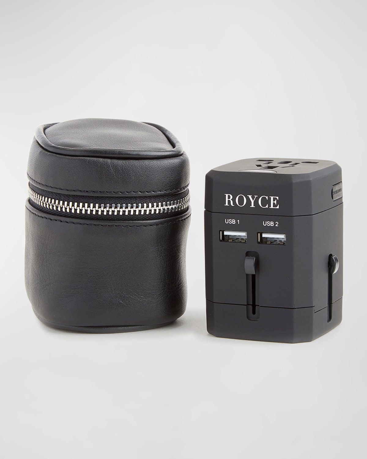 Royce New York International Travel Adapter & Monogrammed Leather Case Set In Black
