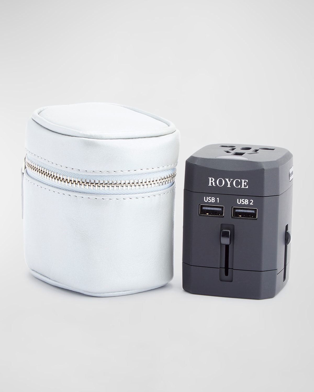 Royce New York International Travel Adapter & Monogrammed Leather Case Set In Silver