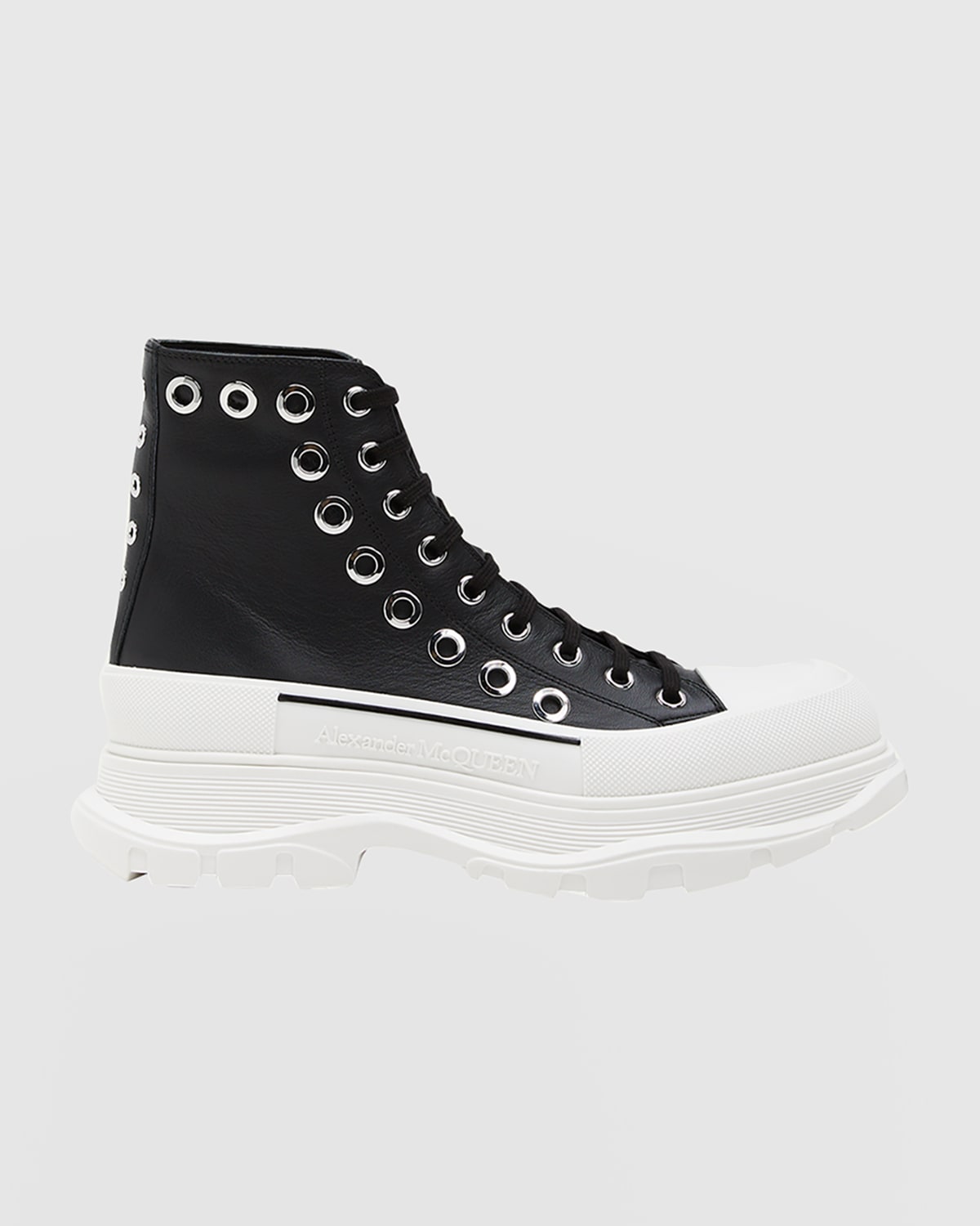 Shop Alexander Mcqueen Men's Grommet Tread Slick Leather Lace-up Boots In Black White Silver