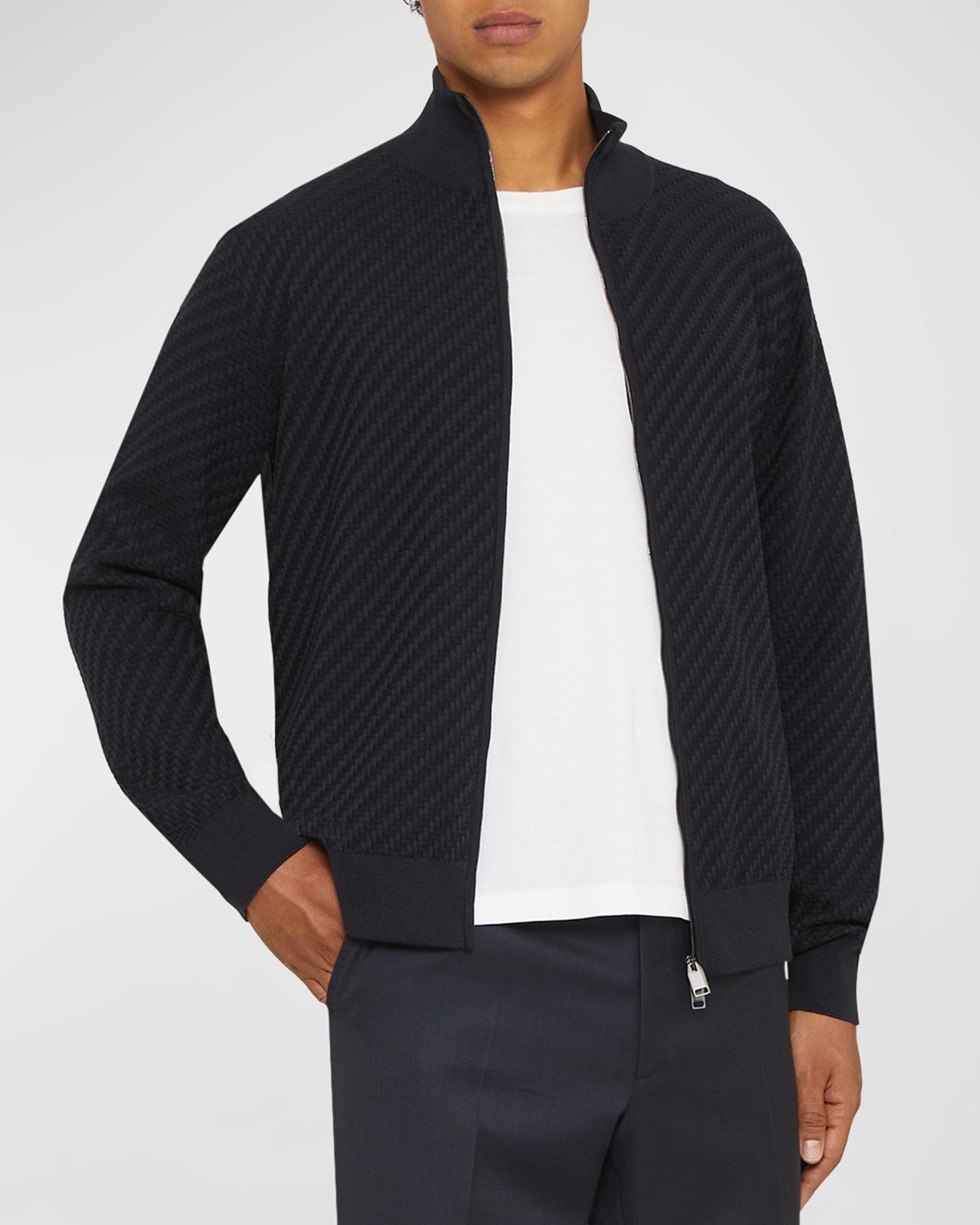 Shop Brioni Men's Basketweave Stitch Full-zip Sweater In Navy
