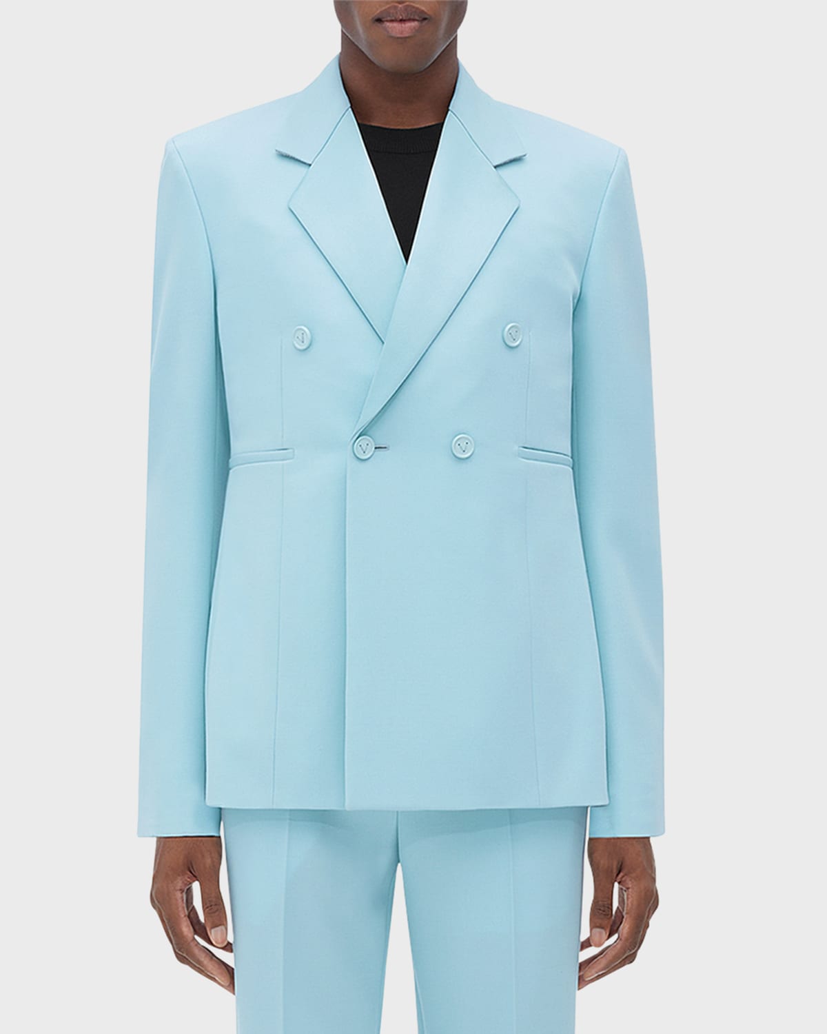 Bottega Veneta Double-breasted Satin-trimmed Grain De Poudre Wool Suit Jacket In Blue