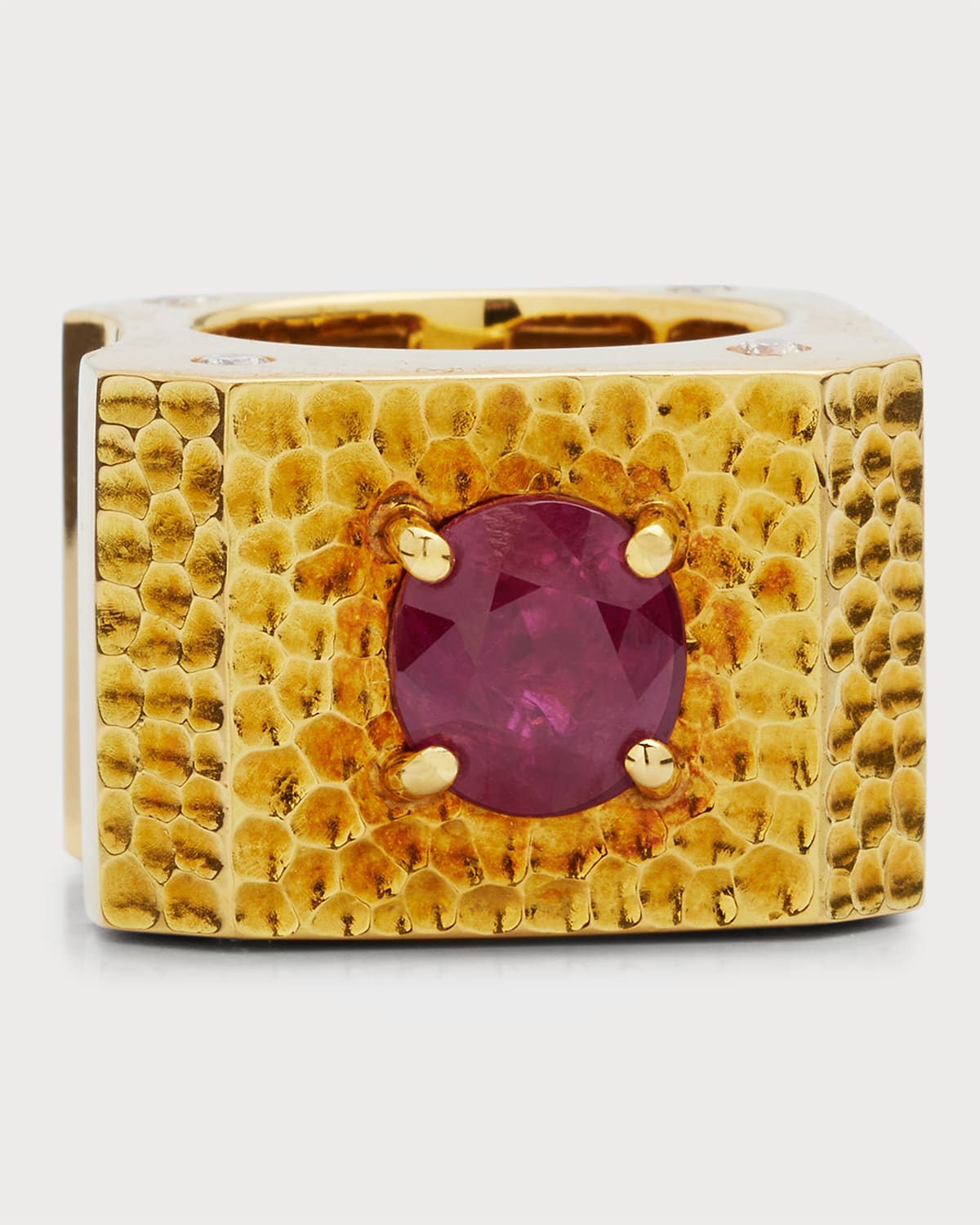 18K Yellow Gold Ruby and Diamond Square Band Ring, Size 7.5