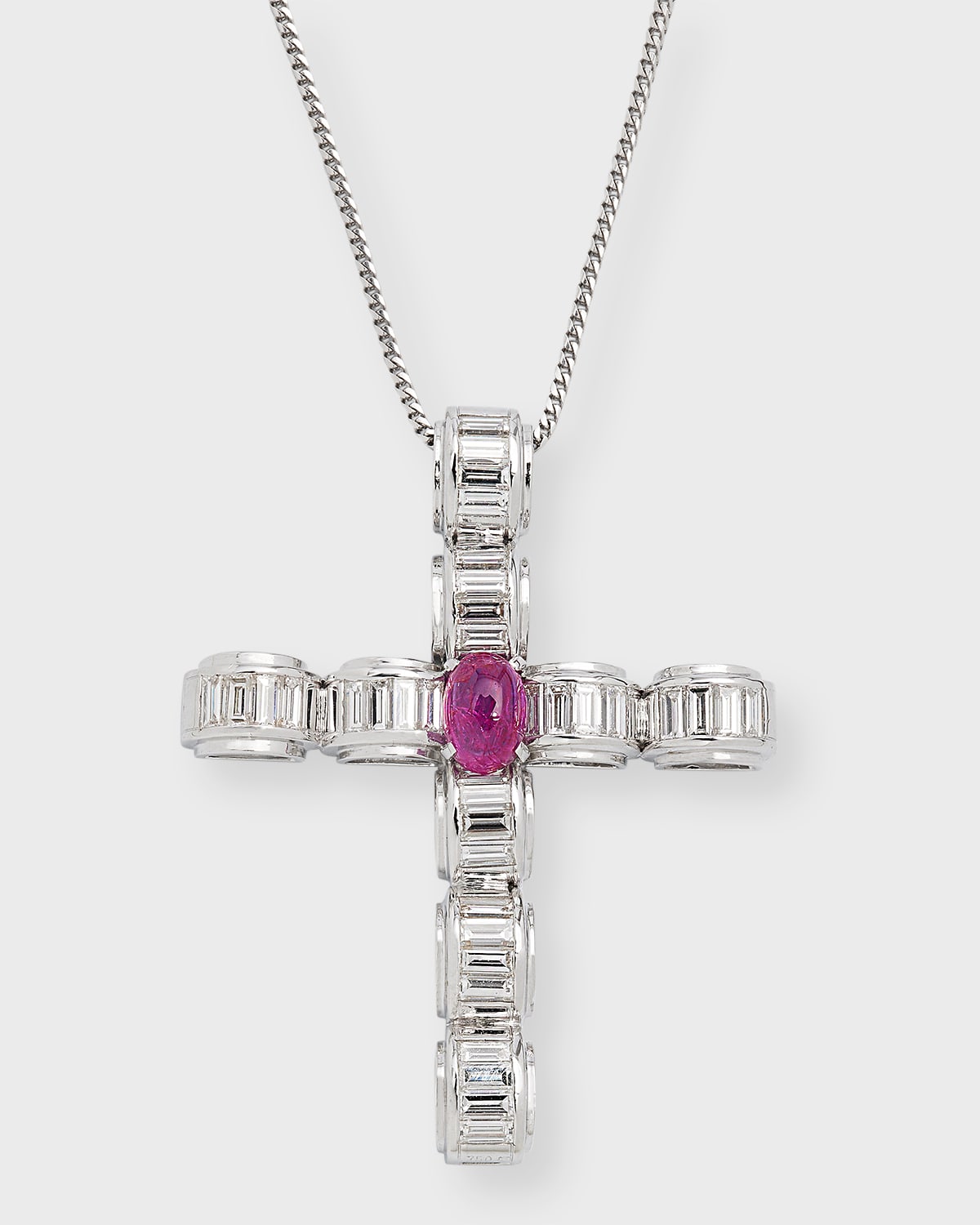 18K White Gold Oval Ruby and Diamond Cross Pendant Necklace
