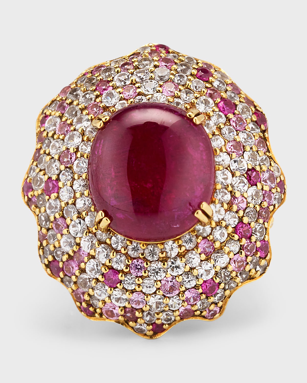 18K Yellow Gold Ruby Ring with Diamonds and Sapphires, Size 7.5