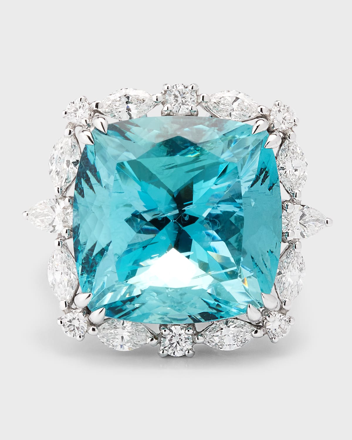 18K White Gold Aquamarine Solitaire Ring with Diamonds, Size 7