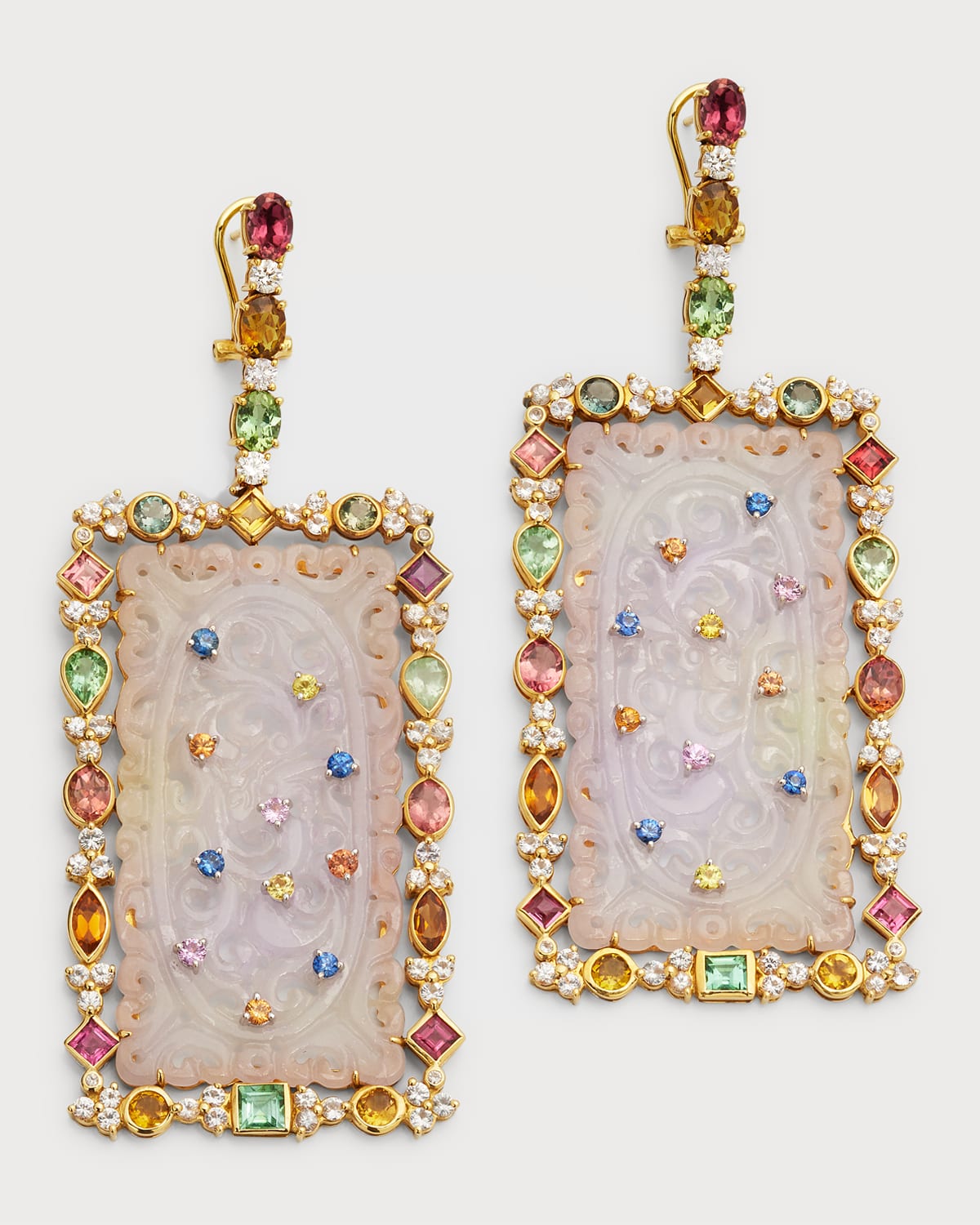 18K Yellow Gold Jade Drop Earrings with Multicolor Stones