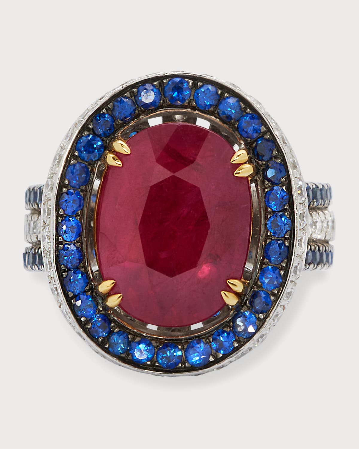 18K Ruby Ring with Blue Sapphire and Diamond, Size 6.5