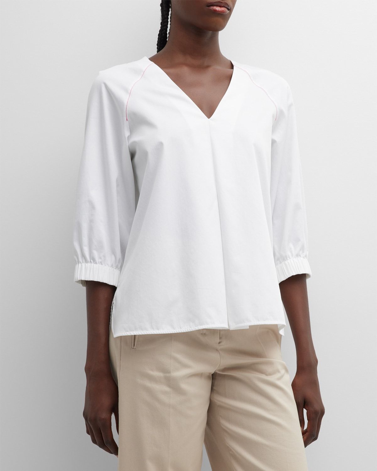 Pordoi 3/4-Sleeve Contrast-Stitch Cotton Shirt