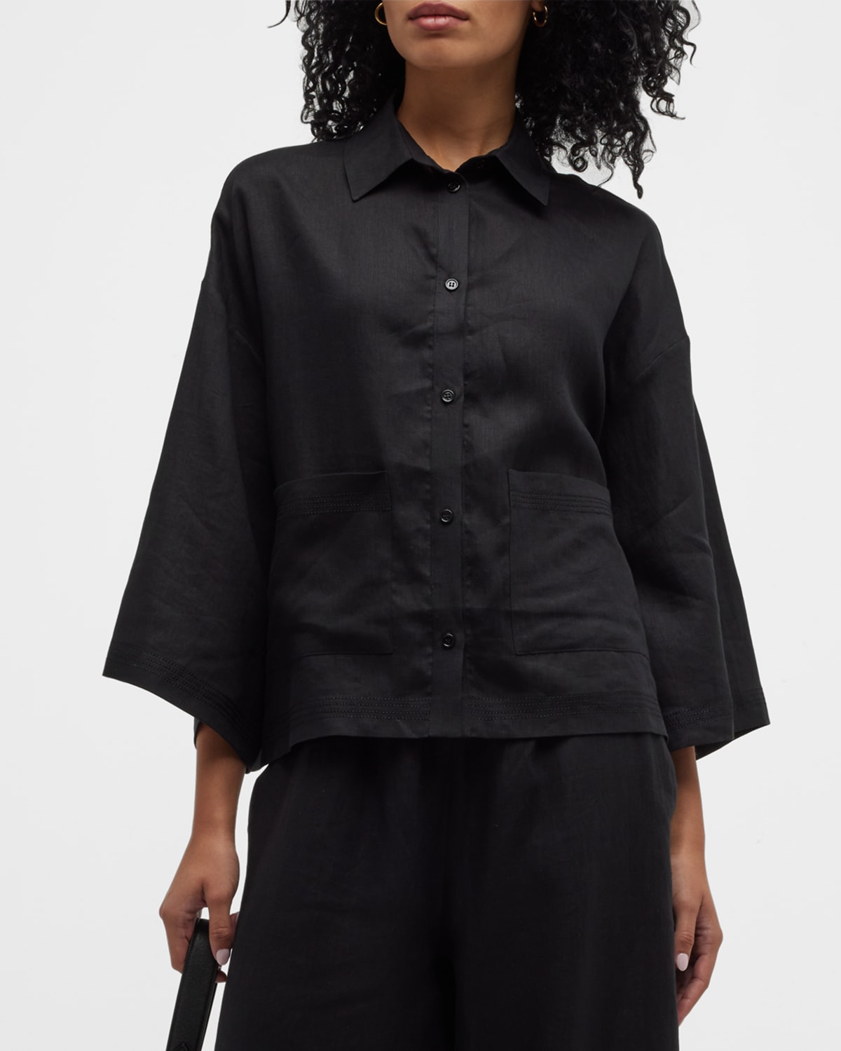 Angora 3/4-Sleeve Button-Down Linen Shirt