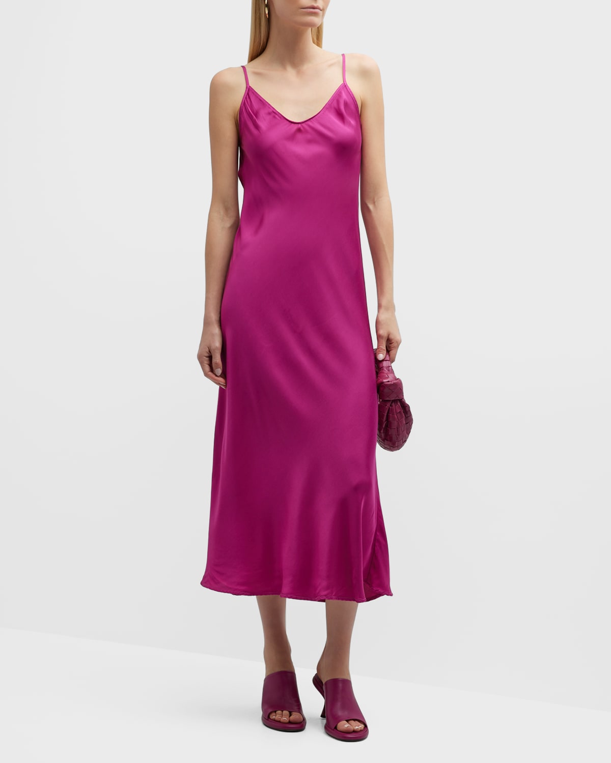 Velvet Poppy V-neck Midi Slip Dress In Rspbry Pnk