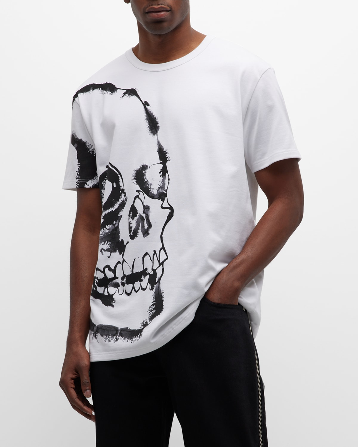 Alexander Mcqueen Men's Watercolor Skull-print T-shirt In Bianco