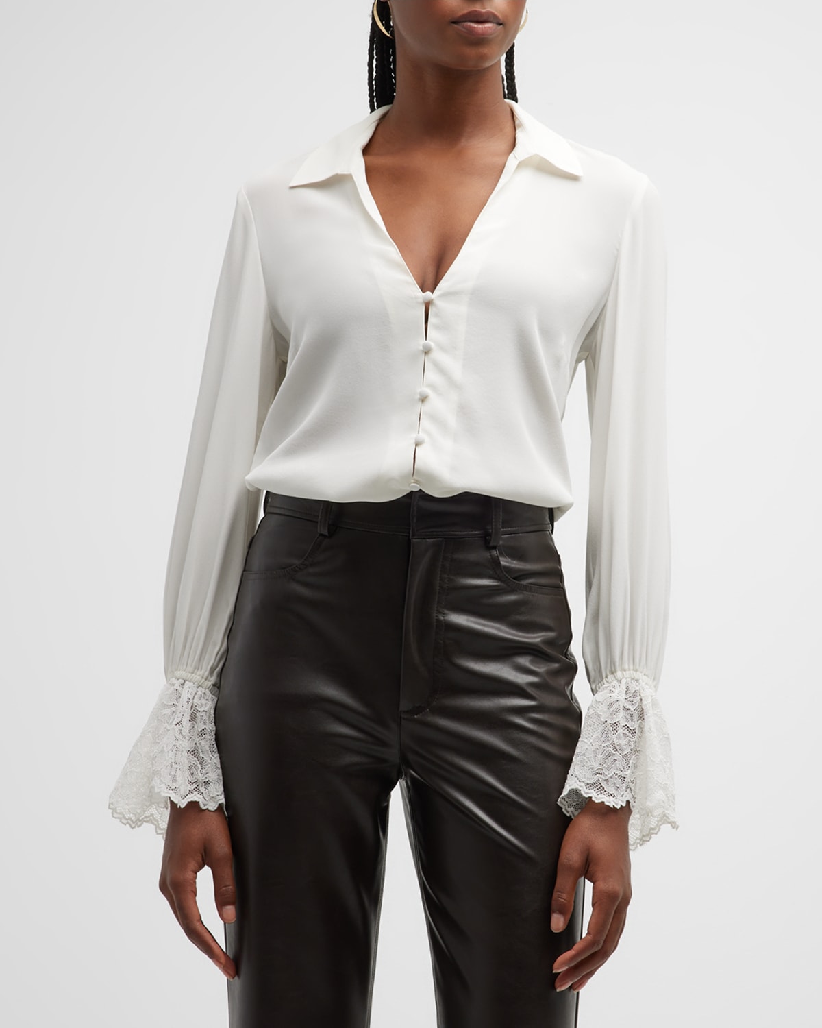 L'Agence Shyla Lace-Cuff Button-Front Blouse | Smart Closet