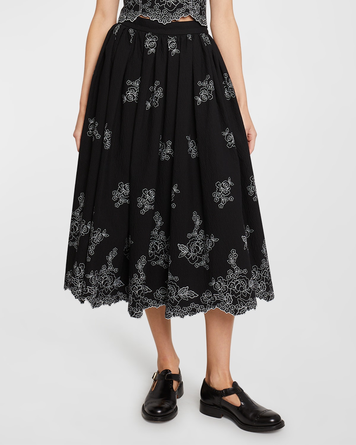 Erdem Floral-embroidered Seersucker Midi Skirt In Black