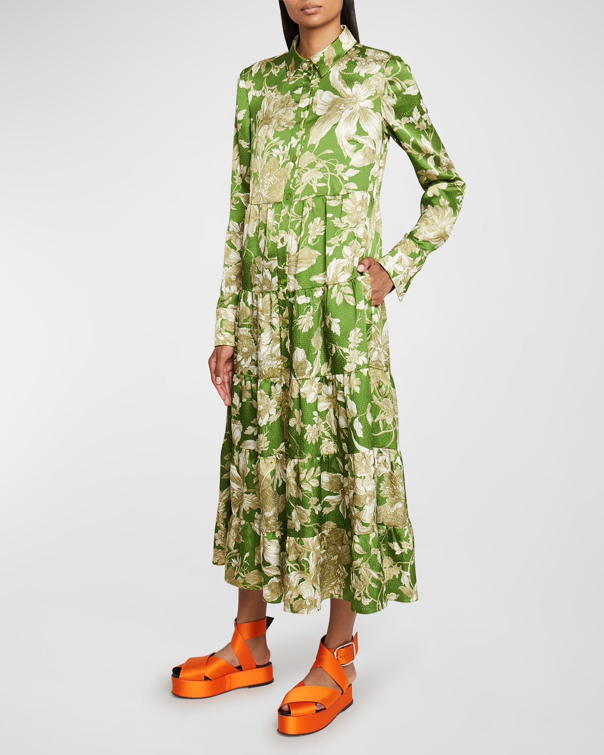 Erdem Floral Tiered Satin Midi Shirtdress In Green Ecru
