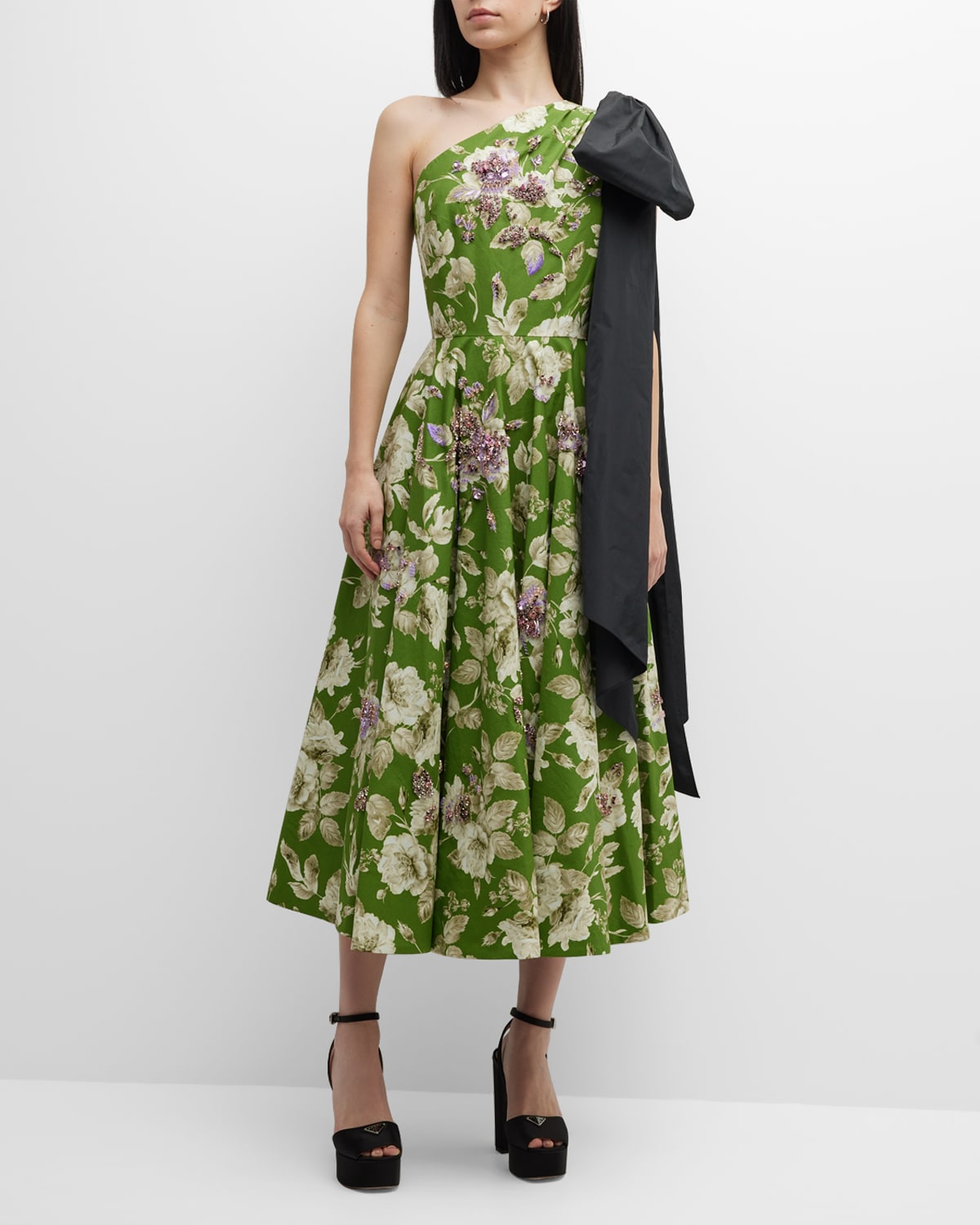 Erdem Johanne Jeweled Floral Print One-shoulder Midi Dress With Bow In Kiwi